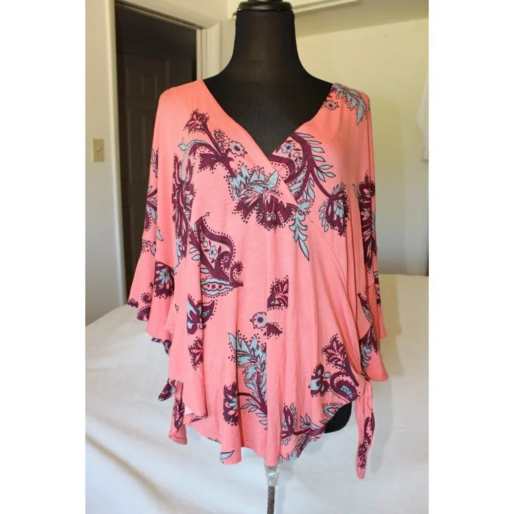 Free People Maui Wowie Paisley Flowy Blouse Size M/oversize Pink Top Casual